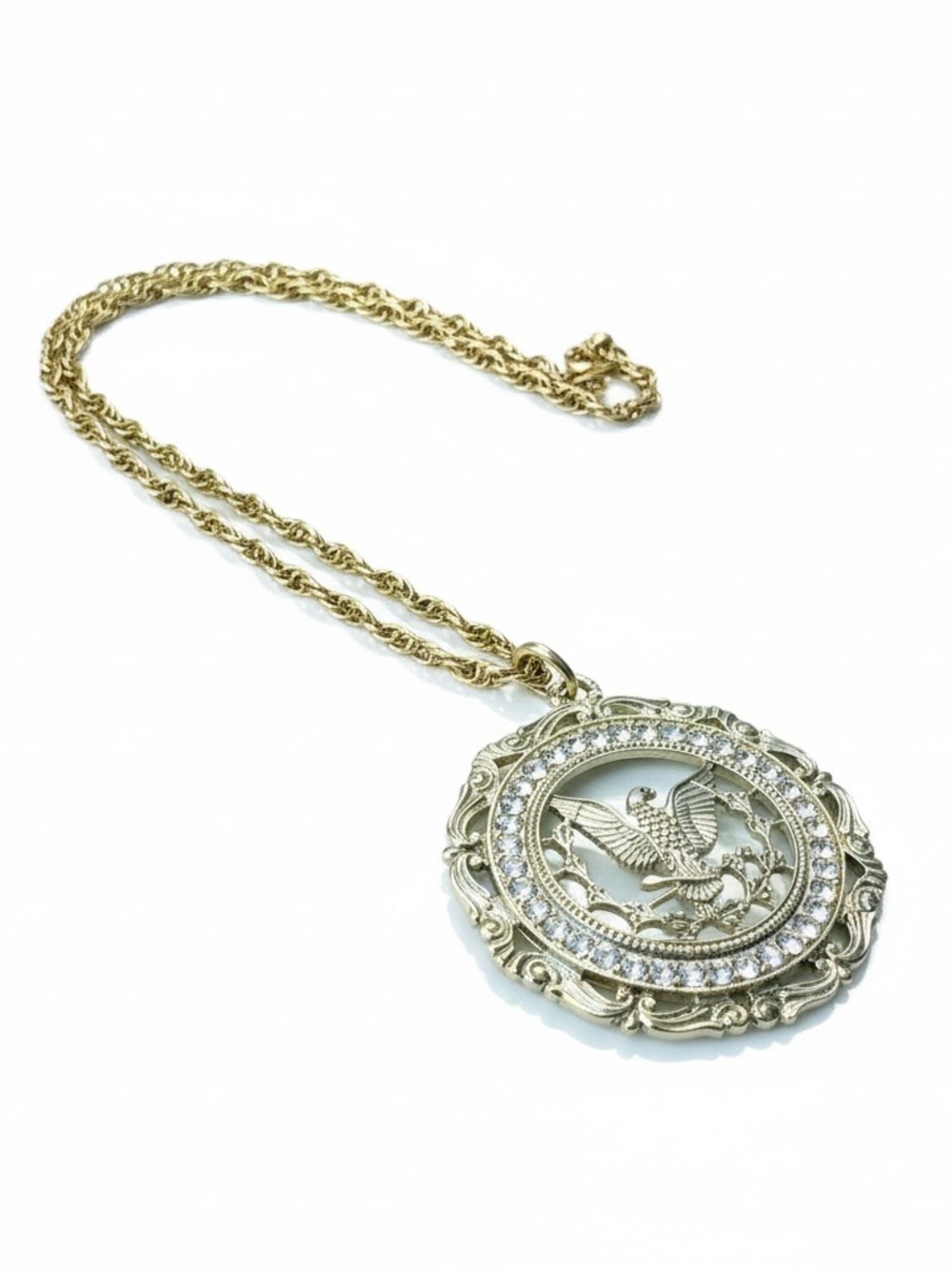 Gold Tone Metal Filigree Eagle Crest  Crystals Pendant STATEMENT Necklace Chain